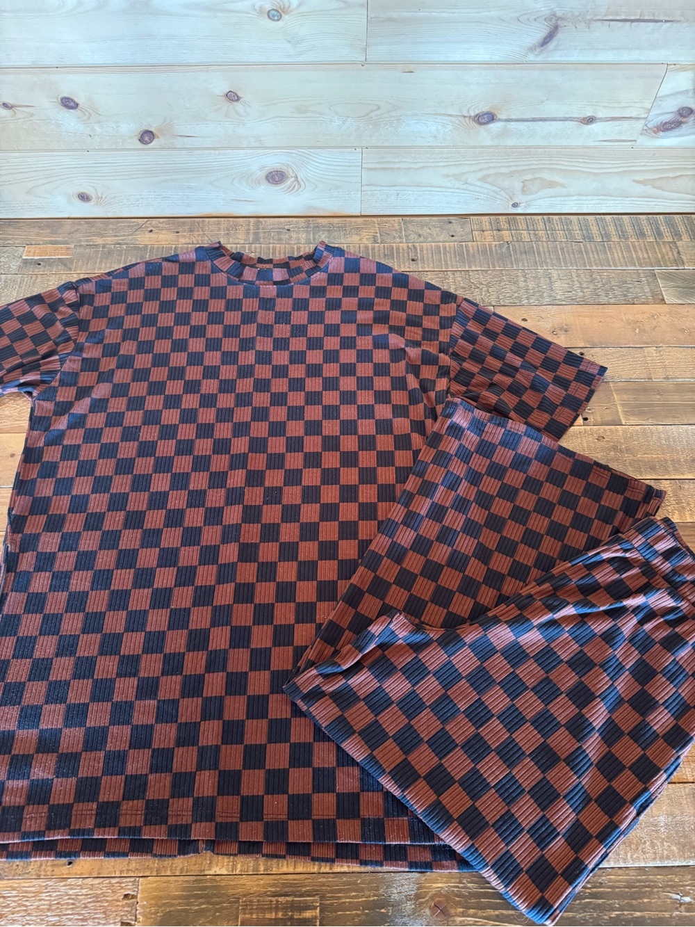 Women’s  Brown and Black Checker Short-Sleeve and Pant set